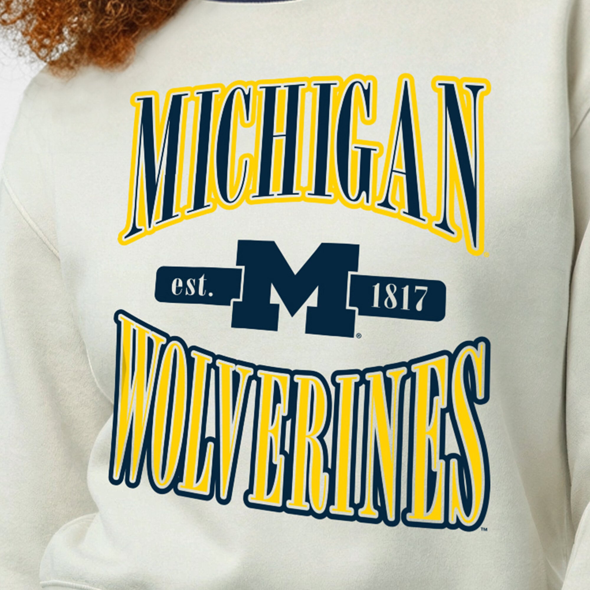 Women's Champion White Michigan Wolverines Yarn Dye Rib Reverse Weave Crew Sweatshirt